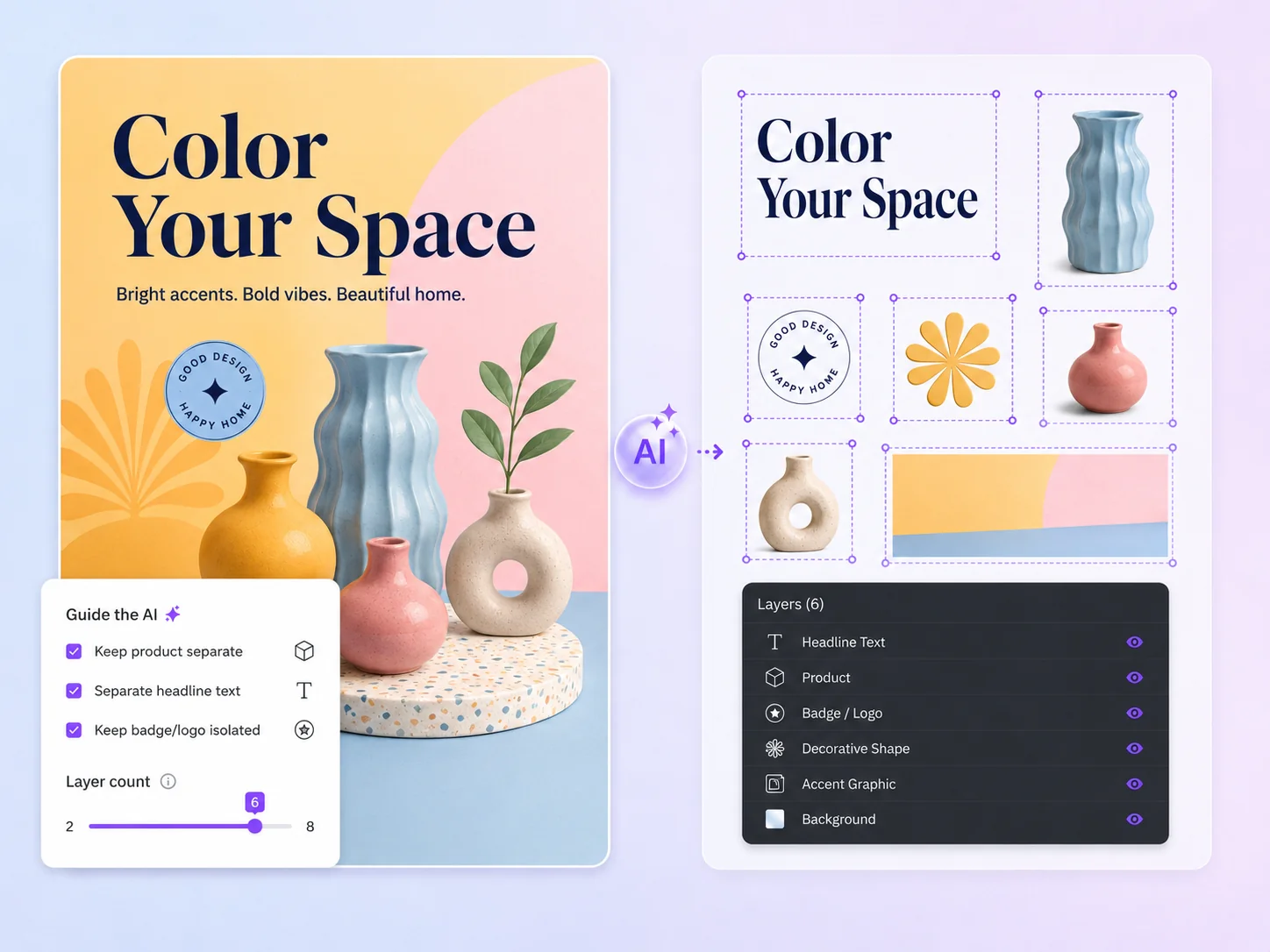 ImageToPSD converter showing prompt input and layer count selector — user guiding AI layer separation