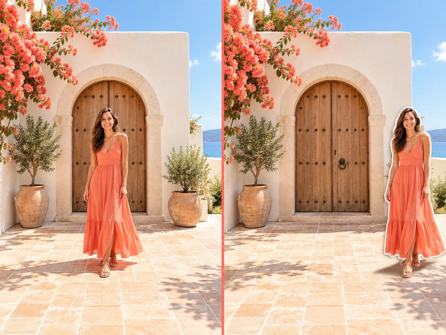 Professional portrait segregated into model, clothing, and studio backdrop plates